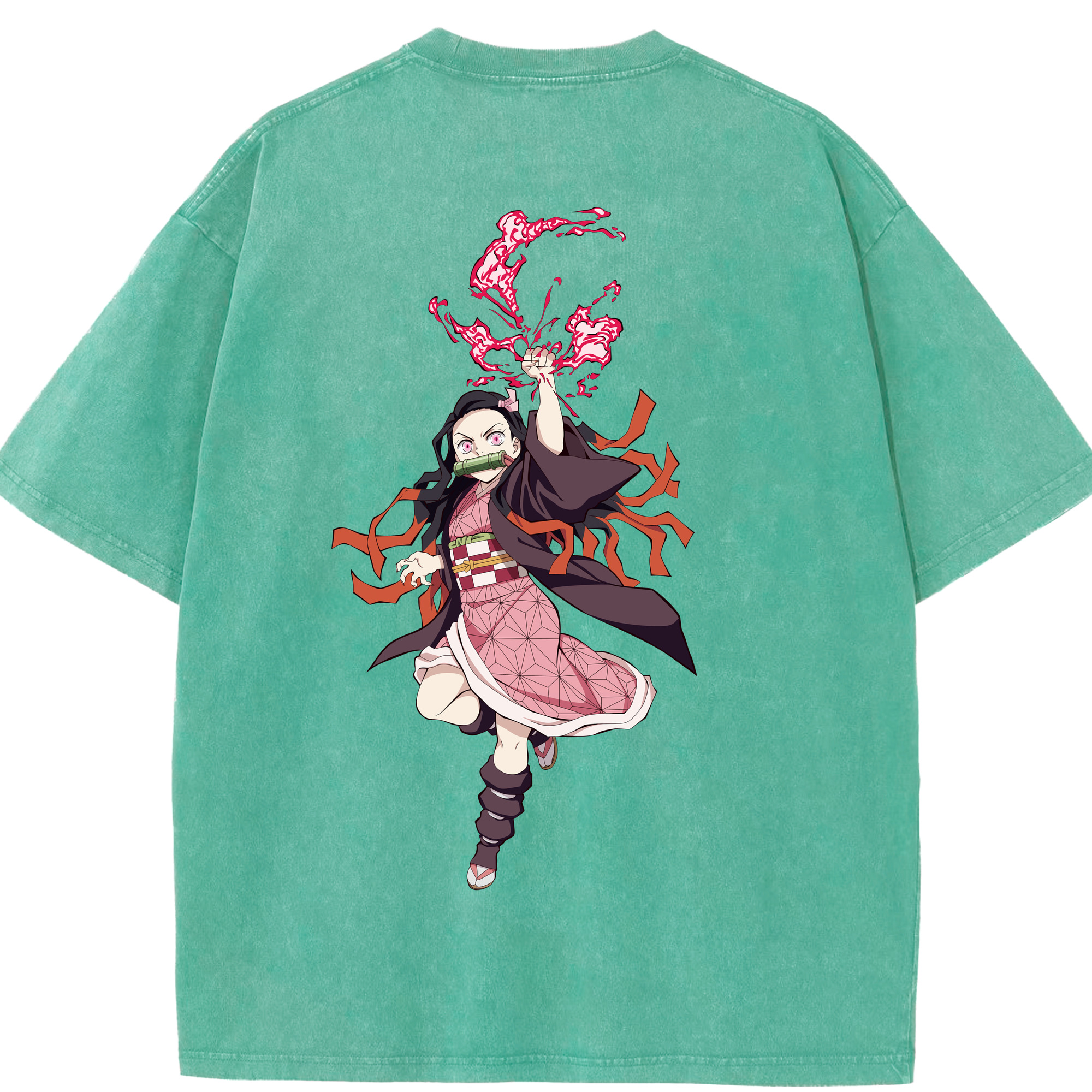 （画像用） 鬼滅の刃（きめつのやいば）竈門 禰󠄀豆子／かまど ねずこ Kamado Nezuko 綿100% ヴィンテージ風 半袖Tシャツ（背面プリント）